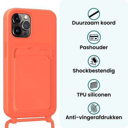 Forterra iPhone 13 Pro Hoesje Met Telefoonkoord en Pasjeshouder Siliconen - Papaya
