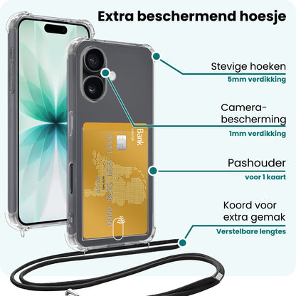 Forterra iPhone 17 Hoesje Kaarthouder met Koord Backcover Shockproof - Transparant