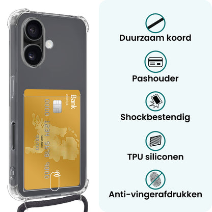 Forterra iPhone 17 Hoesje Kaarthouder met Koord Backcover Shockproof - Transparant