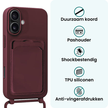 Forterra iPhone 16 Hoesje Met Telefoonkoord en Pasjeshouder Siliconen - Aubergine