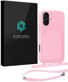 Forterra iPhone 16 Plus Hoesje Met Telefoonkoord en Pasjeshouder Siliconen - Lichtroze