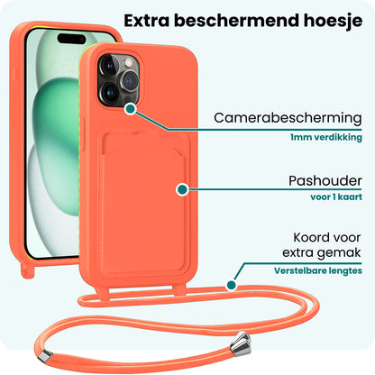 Forterra iPhone 14 Pro Hoesje Met Telefoonkoord en Pasjeshouder Siliconen - Papaya
