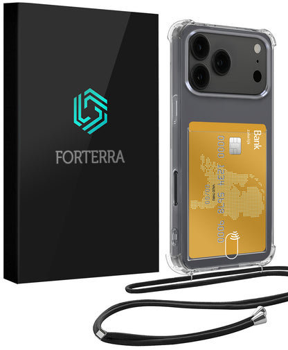 Forterra iPhone 17 Pro Hoesje Kaarthouder met Koord Backcover Shockproof - Transparant