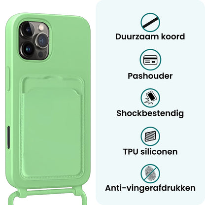 Forterra iPhone 16 Pro Max Hoesje Met Telefoonkoord en Pasjeshouder Siliconen - Groen