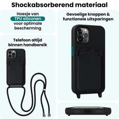 Forterra iPhone 15 Pro Hoesje Met Telefoonkoord en Pasjeshouder Siliconen - Zwart