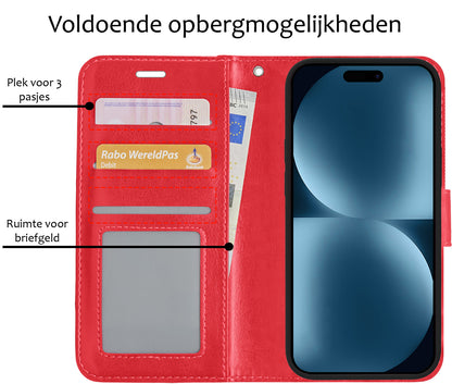 Forterra iPhone 15 Hoesje Bookcase Cover met Kaarthouder - Rood