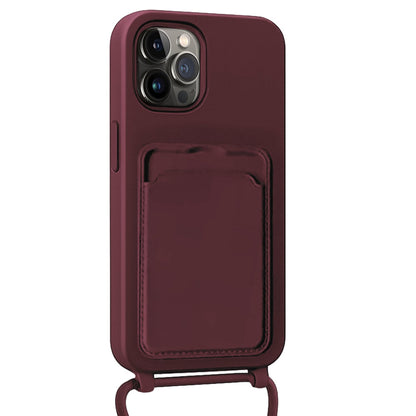 Forterra iPhone 14 Pro Max Hoesje Met Telefoonkoord en Pasjeshouder Siliconen - Aubergine