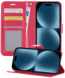 Forterra iPhone 15 Pro Max Hoesje Bookcase Cover met Kaarthouder - Donkerroze