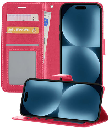 Forterra iPhone 15 Pro Max Hoesje Bookcase Cover met Kaarthouder - Donkerroze