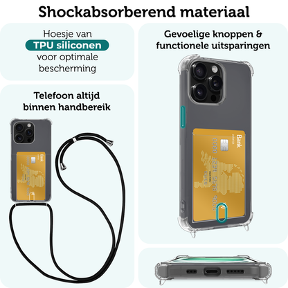 Forterra iPhone 15 Pro Hoesje Kaarthouder met Koord Backcover Shockproof - Transparant