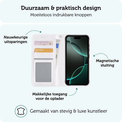 Forterra iPhone 16 Pro Max Hoesje Bookcase Cover met Kaarthouder - Wit