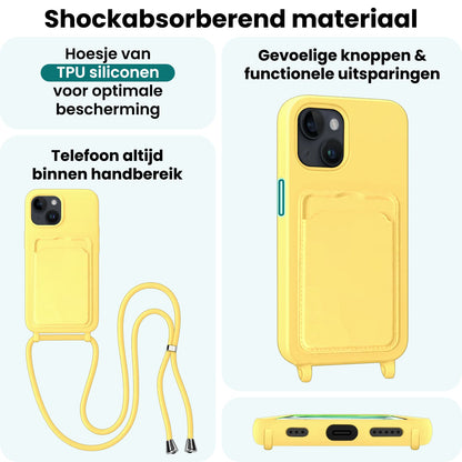 Forterra iPhone 15 Plus Hoesje Met Telefoonkoord en Pasjeshouder Siliconen - Geel