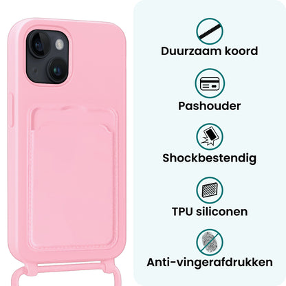 Forterra iPhone 13 Hoesje Met Telefoonkoord en Pasjeshouder Siliconen - Lichtroze