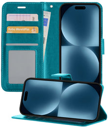 Forterra iPhone 15 Hoesje Bookcase Cover met Kaarthouder - Turquoise