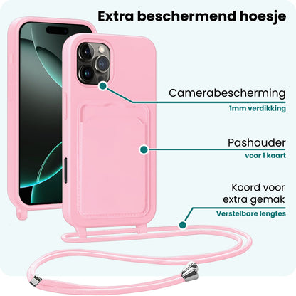 Forterra iPhone 16 Pro Max Hoesje Met Telefoonkoord en Pasjeshouder Siliconen - Lichtroze