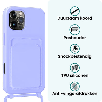 Forterra iPhone 16 Pro Max Hoesje Met Telefoonkoord en Pasjeshouder Siliconen - Lila