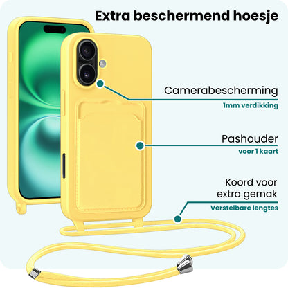 Forterra iPhone 16 Plus Hoesje Met Telefoonkoord en Pasjeshouder Siliconen - Geel
