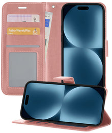 Forterra iPhone 15 Plus Hoesje Bookcase Cover met Kaarthouder - Rosé goud