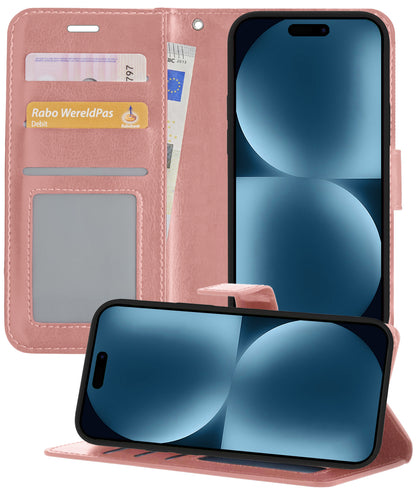 Forterra iPhone 15 Plus Hoesje Bookcase Cover met Kaarthouder - Rosé goud