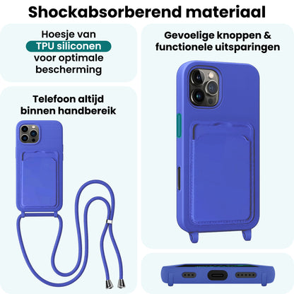 Forterra iPhone 16 Pro Max Hoesje Met Telefoonkoord en Pasjeshouder Siliconen - Felblauw