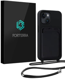 Forterra iPhone 15 Hoesje Met Telefoonkoord en Pasjeshouder Siliconen - Zwart