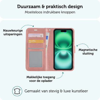 Forterra iPhone 16 Hoesje Bookcase Cover met Kaarthouder - Rosé goud