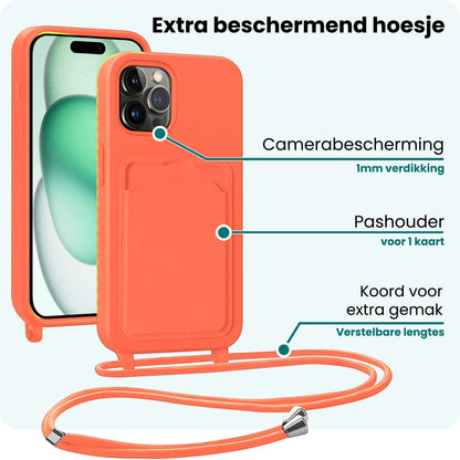 Forterra iPhone 15 Pro Hoesje Met Telefoonkoord en Pasjeshouder Siliconen - Papaya