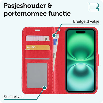 Forterra iPhone 16 Hoesje Bookcase Cover met Kaarthouder - Rood