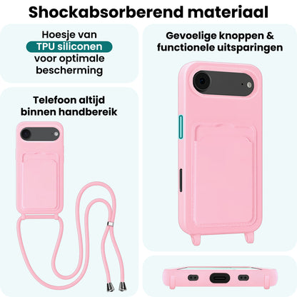 Forterra iPhone Air Hoesje Met Telefoonkoord en Pasjeshouder Siliconen - Lichtroze