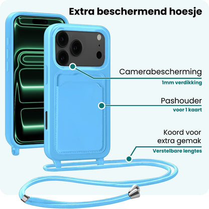 Forterra iPhone 17 Pro Hoesje Met Telefoonkoord en Pasjeshouder Siliconen - Lichtblauw
