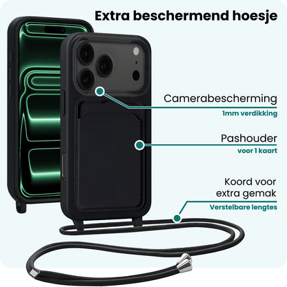 Forterra iPhone 17 Pro Hoesje Met Telefoonkoord en Pasjeshouder Siliconen - Zwart