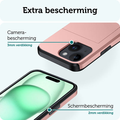 Forterra iPhone 15 Hoesje Kaarthouder Hard Case Shockproof - Rosé goud