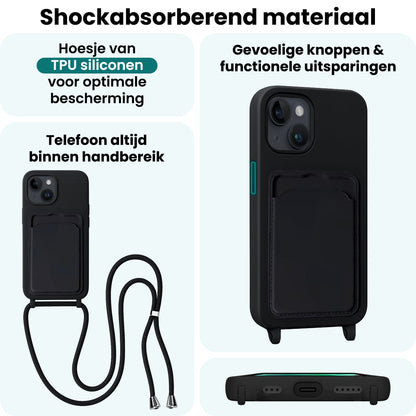 Forterra iPhone 13 Hoesje Met Telefoonkoord en Pasjeshouder Siliconen - Zwart