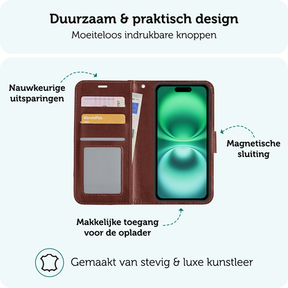 Forterra iPhone 16 Hoesje Bookcase Cover met Kaarthouder - Bruin