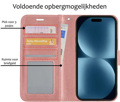 Forterra iPhone 15 Pro Max Hoesje Bookcase Cover met Kaarthouder - Rosé goud