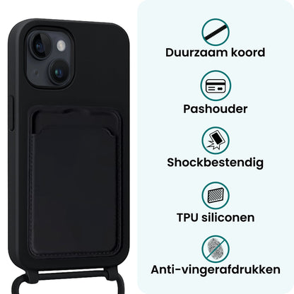 Forterra iPhone 14 Plus Hoesje Met Telefoonkoord en Pasjeshouder Siliconen - Zwart