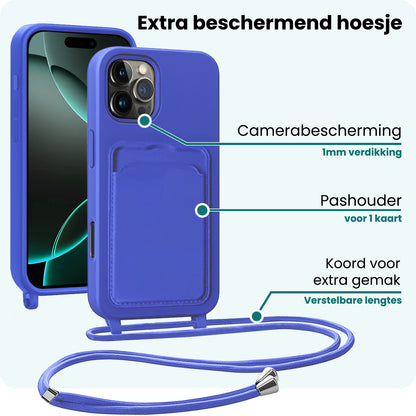 Forterra iPhone 16 Pro Max Hoesje Met Telefoonkoord en Pasjeshouder Siliconen - Felblauw