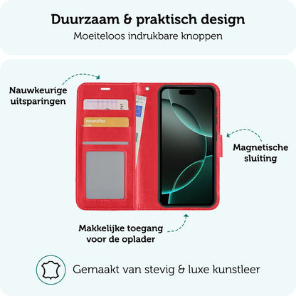 Forterra iPhone 16 Pro Max Hoesje Bookcase Cover met Kaarthouder - Rood