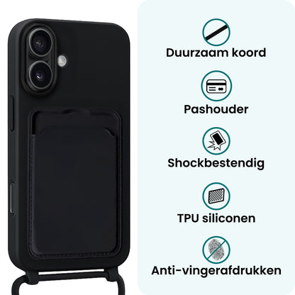 Forterra iPhone 16 Plus Hoesje Met Telefoonkoord en Pasjeshouder Siliconen - Zwart