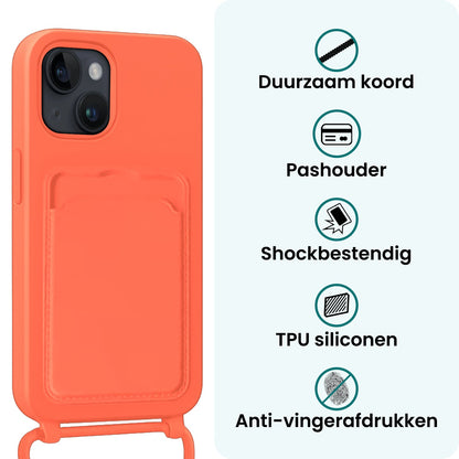 Forterra iPhone 14 Hoesje Met Telefoonkoord en Pasjeshouder Siliconen - Papaya