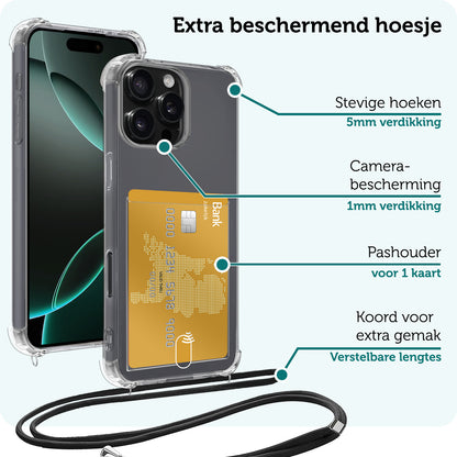 Forterra iPhone 16 Pro Hoesje Kaarthouder met Koord Backcover Shockproof - Transparant