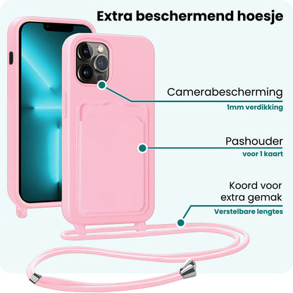 Forterra iPhone 13 Pro Max Hoesje Met Telefoonkoord en Pasjeshouder Siliconen - Lichtroze