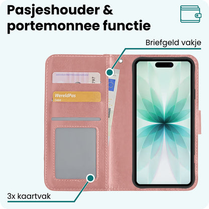 Forterra iPhone 17 Hoesje Bookcase Cover met Kaarthouder - Rosé goud