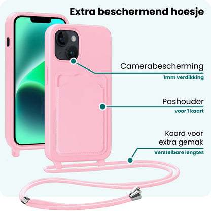 Forterra iPhone 13 Hoesje Met Telefoonkoord en Pasjeshouder Siliconen - Lichtroze