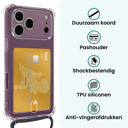 Forterra iPhone 18 Pro Hoesje Kaarthouder met Koord Backcover Shockproof - Transparant