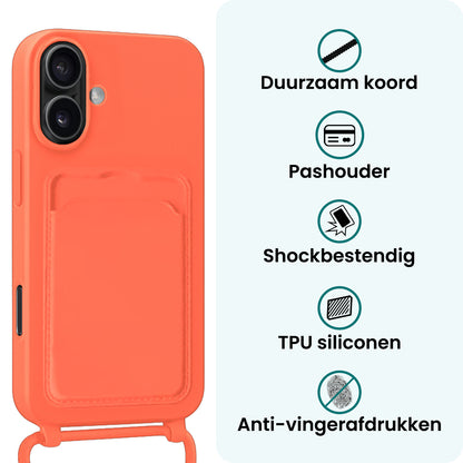 Forterra iPhone 16 Plus Hoesje Met Telefoonkoord en Pasjeshouder Siliconen - Papaya