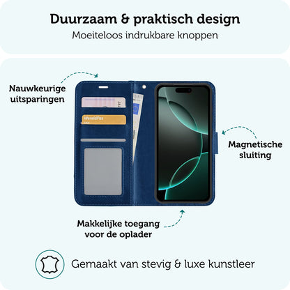 Forterra iPhone 16 Pro Hoesje Bookcase Cover met Kaarthouder - Donkerblauw