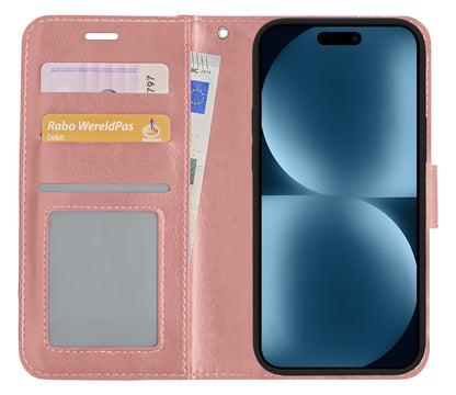 Forterra iPhone 15 Hoesje Bookcase Cover met Kaarthouder - Rosé goud