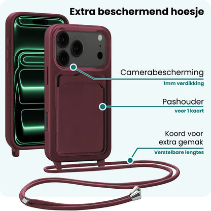 Forterra iPhone 17 Pro Max Hoesje Met Telefoonkoord en Pasjeshouder Siliconen - Aubergine