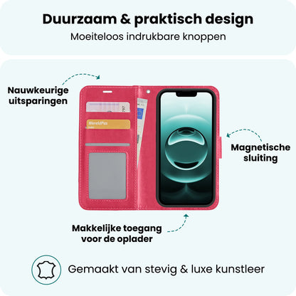 Forterra iPhone 16e Hoesje Bookcase Cover met Kaarthouder - Donkerroze